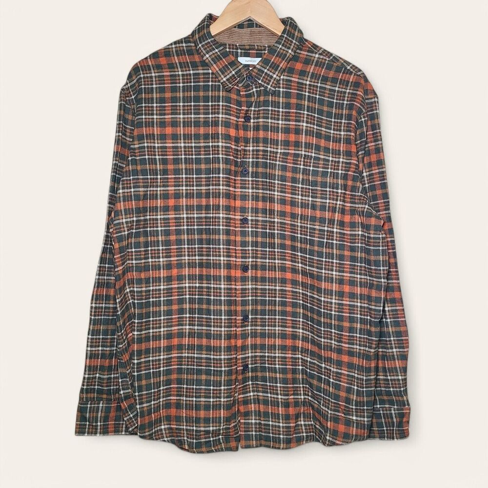 Grove & Hollow Shirt Men's Size XXL Orange Flannel Plaid Button Up 100% Cotton